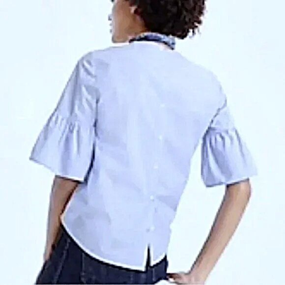 J CREW Womens Button Back Blouse Size 4 Light Blue Chambray Short Bell Sleeves - Picture 2 of 8